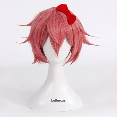 Doki Doki Literature Club Sayori Cosplay Perücke Kurze rosa rote hitzebeständige Kunsthaarperücke + Perückenkappe + Schleife Haarnadel Image