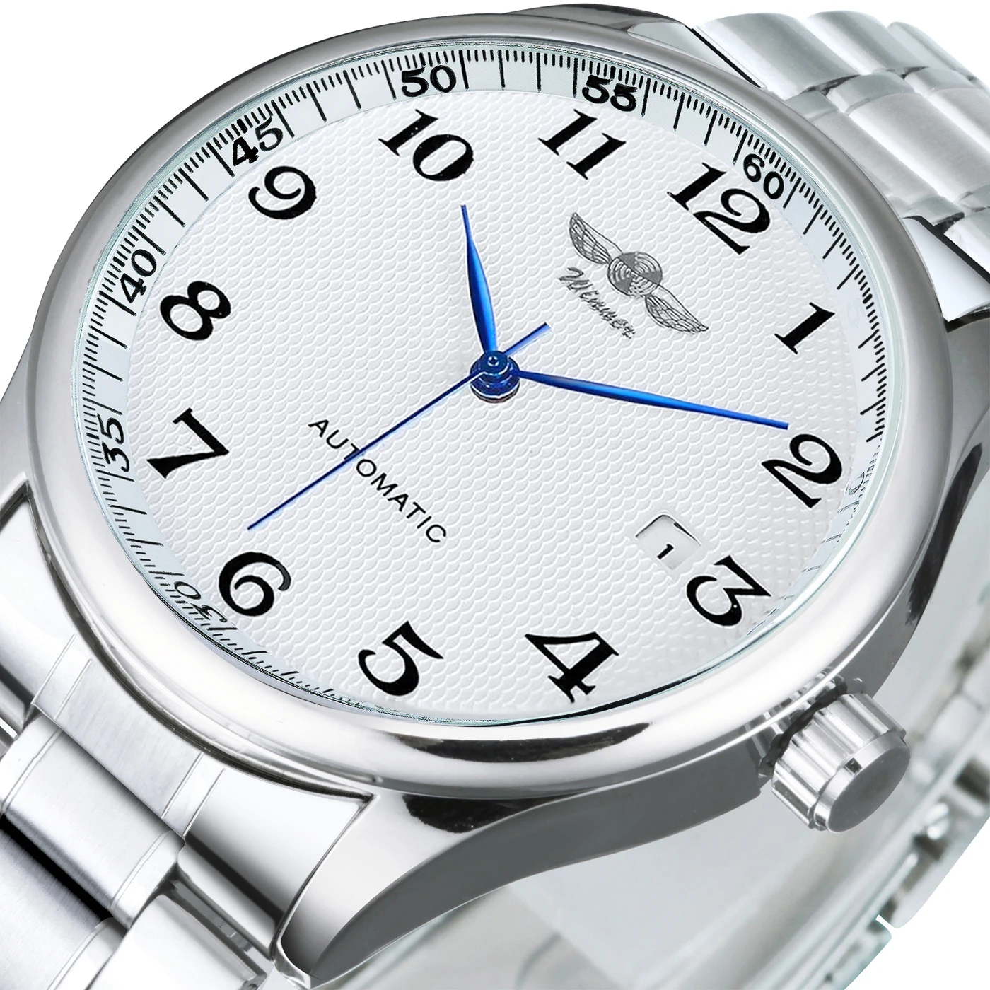 WINNER Minimalistische Automatikuhr für Herren, blaue Zeiger, Top-Marke, Luxus-Business-Mechanische Uhren, Edelstahlarmbanduhr Image