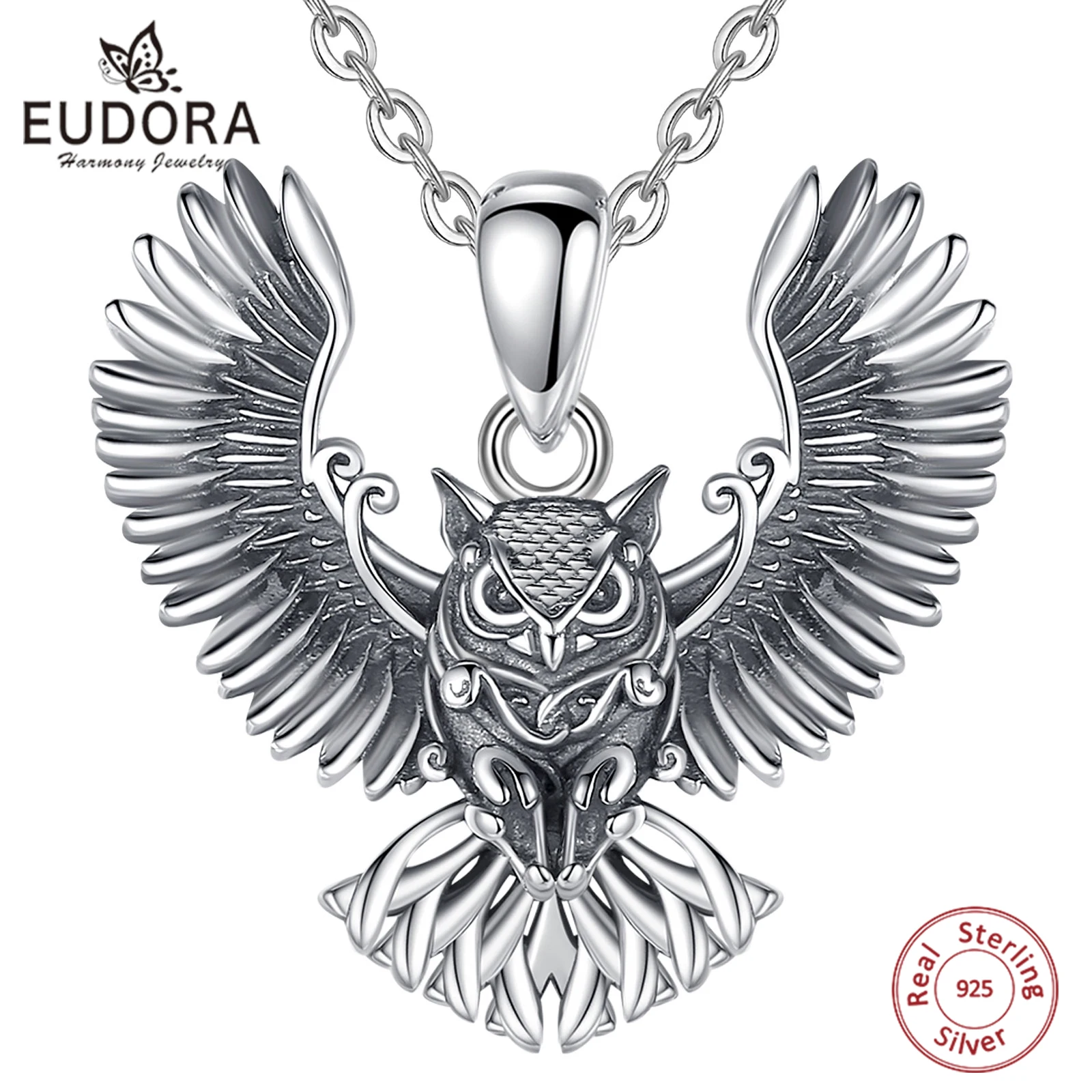 Eudora Sterling Silber coole Eule Halskette für Frauen Mann Vintage Hip Hop Eule Amulett Anhänger Persönlichkeit Schmuck Party Geschenk