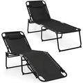 Lounge Chairs Set Of 2 For Outside Folding Chaise Lounge W/Removable Headrest & 4 Adjustable Positions Outdoor Recline Chair For Camping Patio Deck Portable Sunbathing Beach Chair (Black)