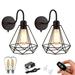 Kiven Battery Operated Wall Lamp Industrial Iron Cage Wall Sconces Dimmable Warm White Wall Lighting Fixtures Set of 2 Vintage Wall Mounted Lamp for Living Room Bedroom Hallway E26 Socket