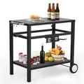 Leeten Portable Grill Cart Pizza Oven Stand BBQ Prep Table with Wheels Hooks & Side Handle Outdoor 2 Tier Cooking Shelf Metal Grilling Tabletop Griddle Table