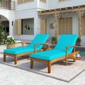 TOPMAX Outdoor Solid Wood 78.8 Chaise Lounge Patio Reclining Daybed with Cushion Wheels and Sliding Cup Table for Backyard Garden Poolside Brown Wood Finish+Blue Cushion Set of 2