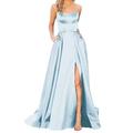 knqrhpse Sundresses for Women Maxi Dress Casual Dress Prom Dresses Ladies Long Women Halter Backless Long Dresses Side Slit Wedding Evening Party Dress With Pockets Light Blue Dress 3Xl