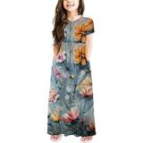 Clearance Girls Floral Dress Boho Short Sleeve Casual Swing Dresses Girl Maxi Dress Tie Dye Stripes Print Dresses Princess Dresses for Girls Rainbow Beach Sundress with Pockets for 9-10 Years