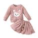 KIMI BEAR Infant Girls Outfits 12 Months Baby Girl Spring Winter Outfits 18 Months Rabbit Prints Long Sleeve Sweater + Twistting Elastic Skirts 2PCS Set Pink