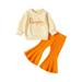 Rovga Girls Outfit Set Clothes Long Sleeve Letter Prints T Shirt Pullover Tops Ribbed Bell Bottoms Pants Kids Outfits For 12-18 Months