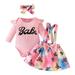 Girls Long Sleeve Ribbed Letter Romper Bodysuit Cartoon Butterfly Tie Dye Prints Suspenders Skirts Headbands Outfits Girl Clothes Little Baby Girls Outfits Size 6
