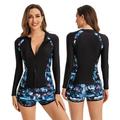 Women s UPF 50+ 2 Piece Rash Guard Long Sleeve Padded Front Zipper Swimsuits Swim Shirt with Bottom Short Built in Bra -L