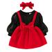 Rovga Girls Outfit Set Puff Sleeve Winter Tops Bowknot Cartoon Suspender Dress Headbands Outfits For 9-12 Months