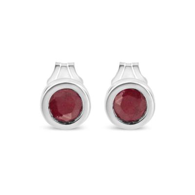 Women's Silver Bezel Set 3.5Mm Created Gemstone Solitaire Stud Earrings - Choice Of Gemstone by Haus of Brilliance in Garnet
