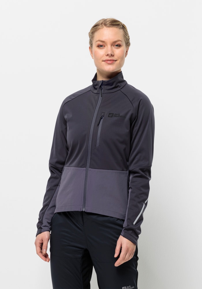 Fahrradjacke JACK WOLFSKIN "MOROBBIA JKT W", Damen, Gr. XS (34), grau (graphite), 1. OBERSTOFF 100% POLYESTER 2. OBERSTOFF 91% POLYAMID, 9% ELASTHAN FUTTER 100% POLYESTER, Jacken Image
