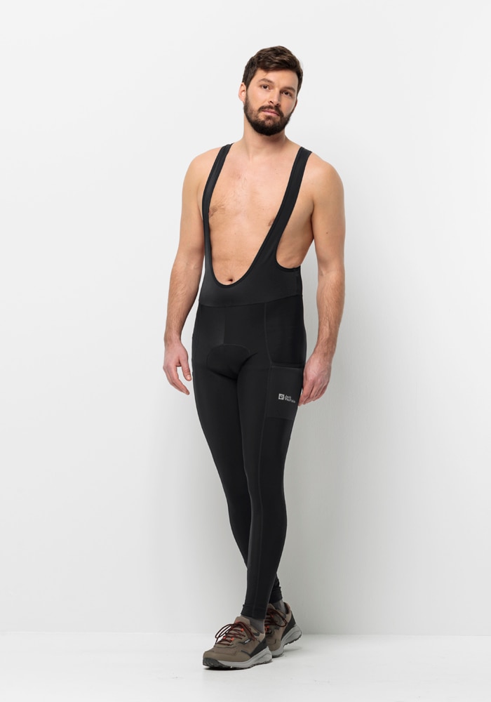 Fahrradhose JACK WOLFSKIN "MOROBBIA BIB TIGHTS M", Herren, Gr. L52, Normalgrößen, schwarz, 1. OBERSTOFF 84% POLYAMID, 16% ELASTHAN 2. OBERSTOFF 80% POLYAMID, 20% ELASTHAN 3. OBERSTOFF 85% POLYESTER, 15% ELASTHAN, Hosen Image