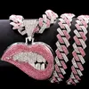 Hip Hop rosa Biss Lippe Form Anhänger Halskette für Frauen mit Bling vereist Silber Farbe kubanische Glieder kette Hiphop Halskette Schmuck