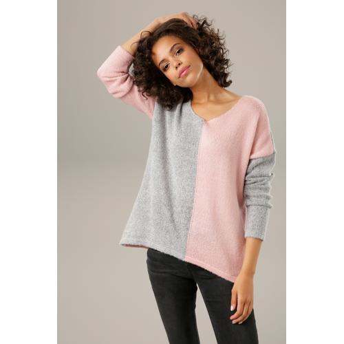 Strickpullover ANISTON CASUAL Gr. 40/42, rosa (hellgraumeliert-rosa) Damen Pullover mit pastellfarbenem Farbteiler Bestseller