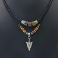 Stacked Artificial Leather Rope Beaded Necklace Men Vintage Layered Tribal Arrow Pendant Necklace