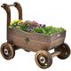 Wooden Wagon Planter Raised Bed On Wheels Handle Drainage Hole Decorative Wagon Cart Rustic Flower Planter Mobile Plant Stand Indoor & Outdoor Patio Garden Balcony