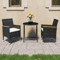 moobody 3 Piece Patio Bistro Set Folding Glass Tabletop Table and 2 Chairs with Cream Cushion Black Poly Rattan Steel Frame Bar Set for Garden Lawn Courtyard