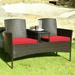 1-Piece Double Seat Patio Rattan Conversation Set Garden Conjoined Sofa With Red Cushions
