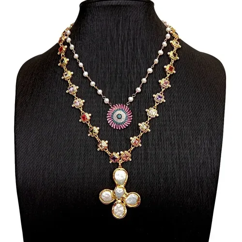 Y.YING 2 Rows White Pearl Rosary Chain Cubic Zirconia Chain Necklace Cz Charm Coin Pearl Crucifix Pendant