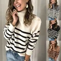 High Neck Knit Striped Sweater For Women Striped High Collar Women Pullover Autumn Winter Casual