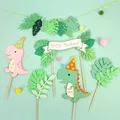 Cute Dinosaur Green Leaf Cake Topper Card Insertion Children's Day Happy Birthday Green Leaf Flag