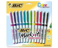 Bic BICGPMUP12ASST Mark-It Permanent Markers, Ultra-Fine Point, Assorted Colors, 12 Per Pack