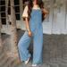 Summer Jumpsuits for Women Square Neck Sleeveless Fashion Overalls Solid Color Wide Leg Romper with Pockets
