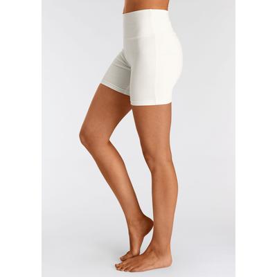 Shorts LASCANA, Damen, Gr. 48/50, N-Gr, weiß (cream weiß), Single Jersey, Obermaterial: 95% Baumwolle, 5% Elasthan, unifarben, Basic, skinny fit, Hosen, mit breitem Bündchen und Logodruck Image