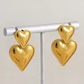 Boucles d'oreilles pendantes double cœur pour femme plaqué or acier inoxydable amour pendentif