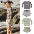 Baby Boy Swimwear Cute Print Round Collar Long Sleeve Top+Elastic Waist Shorts Kid Split Swimsuit