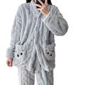SUYGGCK Fleece Pajamas Women Flannel Pajamas Outfit Warm Autumn Winter Home Wear Can Be Worn With V Neck Cardigan Trousers Two Piece Pajamas-Grey Blue,M