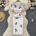 YuooMuoo-Robe Élégante Brodée de Fleurs Roses pour Femme Tenue de Soirée Chic et à la Mode Blanc