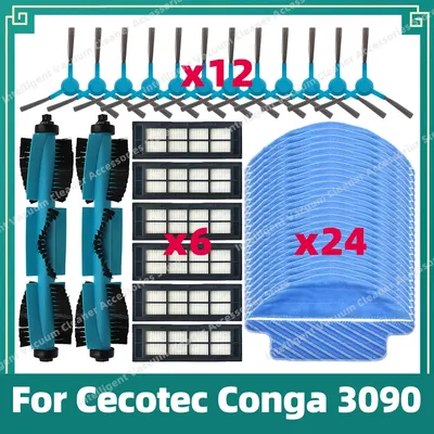 Kompatibel mit Ersatzteilen und Zubehör für den Roboterstaubsauger Cecotec Conga 3090 - Hauptrolle, Seitenbürste, Hepa-Filter und Wischtuch Image