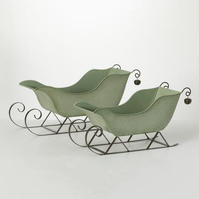 9"H and 10.25"H Sullivans Green Sleigh - Set of 2, Christmas Decor, Green - 22"L x 8"W x 10.25"H, 18"L x 7"W x 9"H