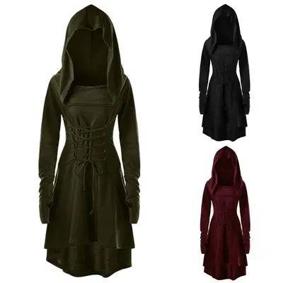 Vintage Damen Cosplay Mittelalter Renaissance Bogenschütze Kostüme Kapuzenrobe Schnürpullover Langes Image