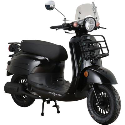 Motorroller ALPHA MOTORS "Adria" & Mofas schwarz (schwarz + schwarz) mit Lenkerschloss und Windschild