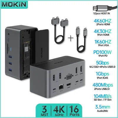 Hub USB C MOKiN avec 16 ports : 3 HDMI + VGA RJ45 SD/TF PD Port M.2 SSD pour MacBook Pro/Air 4K