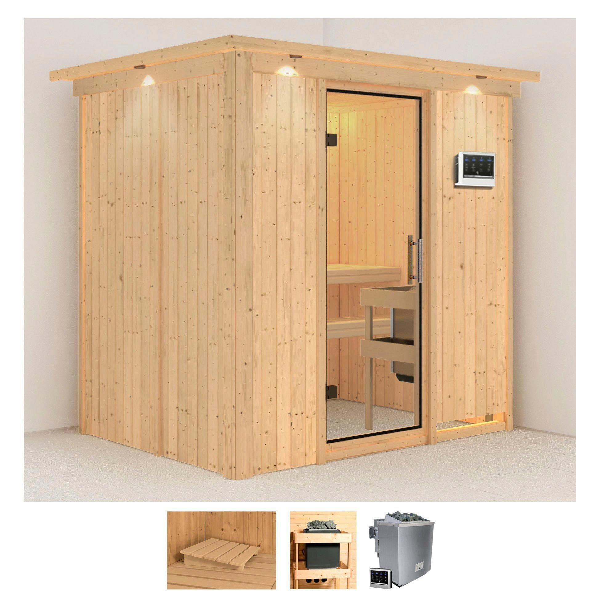 Sauna KARIBU "Bedine", beige (naturbelassen), Bio-Kombiofen, externe Steuerung, 9 kW, Saunen, 9 KW-Bio-Ofen mit externer Steuerung Image