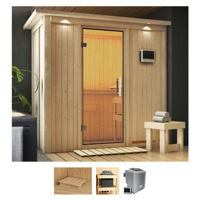 Sauna KARIBU "Vada", beige (naturbelassen), Bio-Kombiofen, externe Steuerung, 9 kW, Saunen, 9 KW-Bio-Ofen mit externer Steuerung