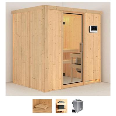 Sauna KARIBU "Bedine", beige (naturbelassen), Bio-Kombiofen, externe Steuerung, 9 kW, Saunen, 9 KW-Bio-Ofen mit externer Steuerung