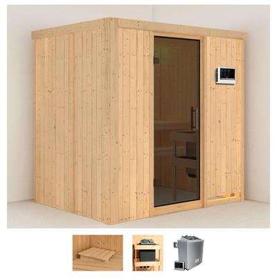 Sauna KARIBU "Bedine", beige (naturbelassen), Saunaofen, externe Steuerung, 9 kW, Saunen, 9 KW-Ofen mit externer Steuerung