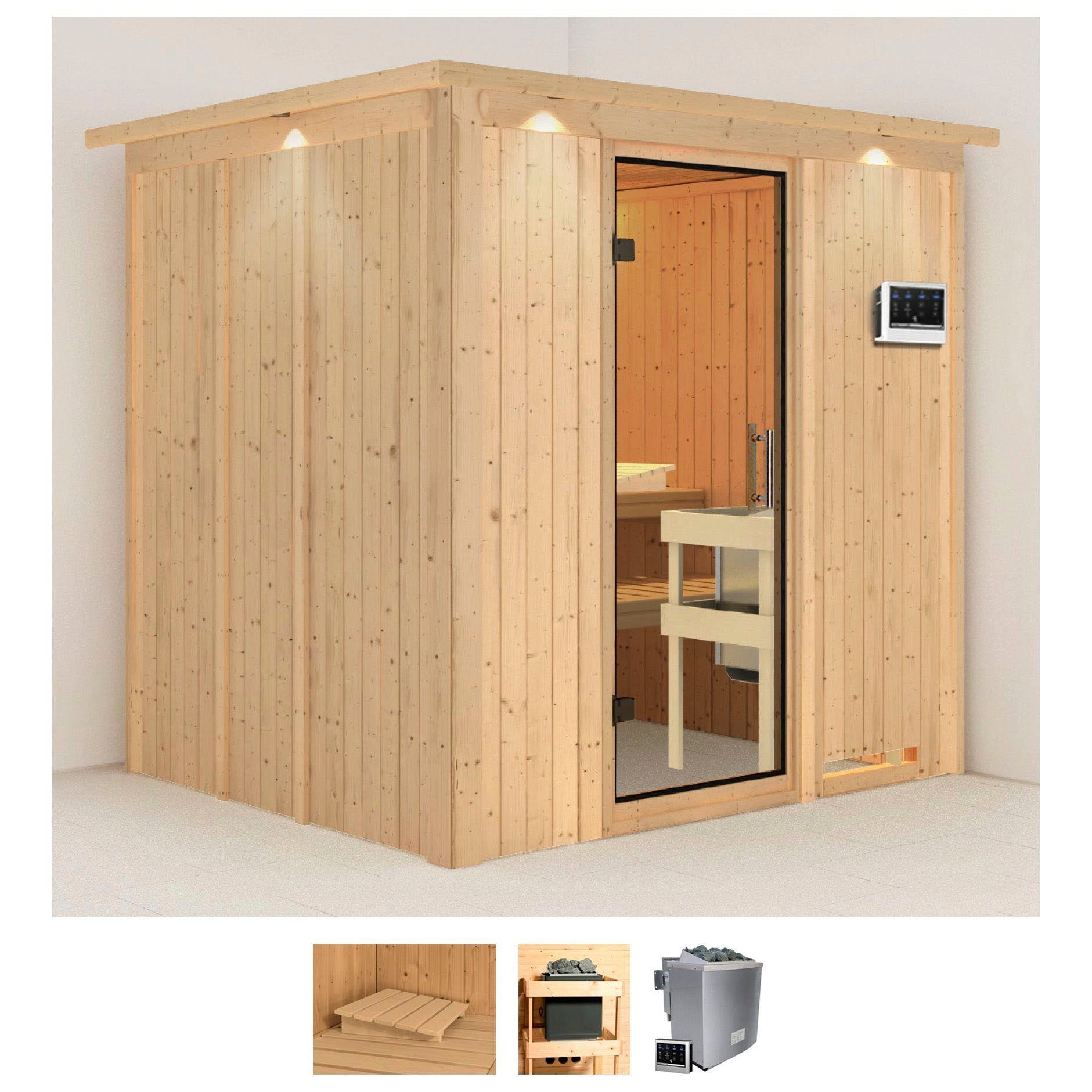 Sauna KARIBU "Sodin", beige (naturbelassen), Bio-Kombiofen, externe Steuerung, 9 kW, Saunen, 9 KW-Bio-Ofen mit externer Steuerung Image