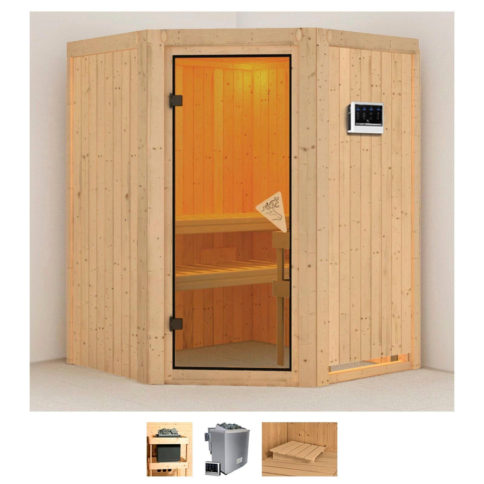Sauna KARIBU "Larin", beige (naturbelassen), Bio-Kombiofen, externe Steuerung, 9 kW, Saunen, 9 KW-Bio-Ofen mit externer Steuerung Image