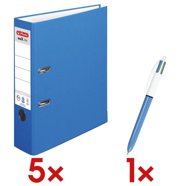 Herlitz 5x Ordner »maX.file nature plus« breit inkl. 4-Farb-Kugelschreiber »4 Colours« blau, 8x31.8x28.5 cm Image