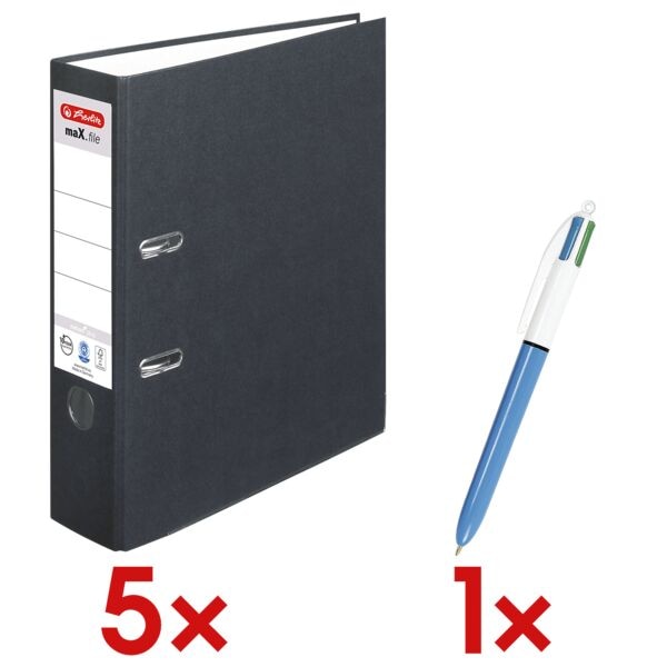 Herlitz 5x Ordner »maX.file nature plus« breit inkl. 4-Farb-Kugelschreiber »4 Colours« schwarz, 8x31.8x28.5 cm Image