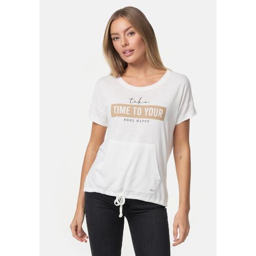 T-Shirt DECAY Gr. L, weiß (weiß, beige) Damen Shirts Print mit gemütlicher Kängurutasche