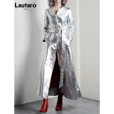 Lautaro Spring Autumn Extra Long Cool Silver Shiny Reflective Pu Leather Trench Coat for Women with Hood Luxury Runway Fashion