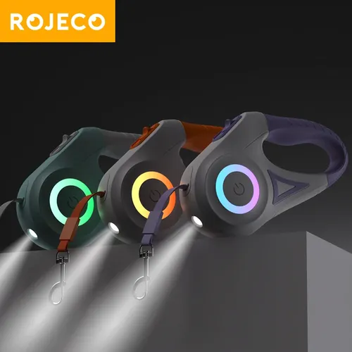 Rojeco 5m versenkbare Hunde leine automatische LED Licht leuchtende Roulette Leine Seil für Hunde