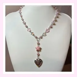 Pastell rosa Stern Mädchen Rosenkranz Medaillon Perlenkette y2k Schmuck funky